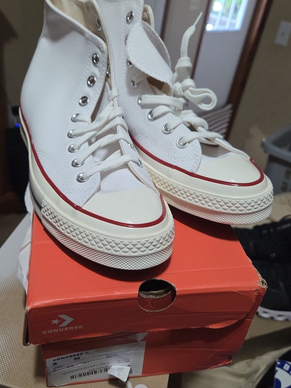 Unisex Converse White High-Top Canvas Sneakers with Red Trim 8 Mens, 10 Womens